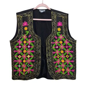 y2k Black Embroidered Mirror Vest Women's 2X Boho Festival Mirrorwork Tassel Tie